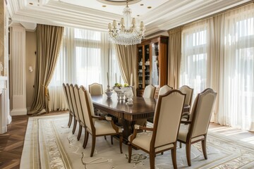 Obraz premium A classic dining room featuring an elegant dining table, upholstered chairs, and a vintage chandelier, perfect for formal, Generative AI