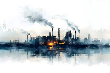 Hazy Industrial Cityscape with Carbon Capture Technology Emissions