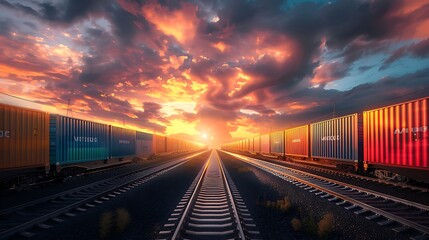 Fototapeta premium Freight Train with Cargo Containers, Transport, Shipping import Export on sunset sky background