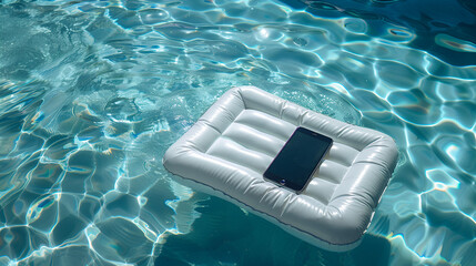 Smartphone on Inflatable Mattress Floating in Swimming Pool, Summer Relaxation and Technology, Enjoying Pool Time with Gadgets, Generative Ai

