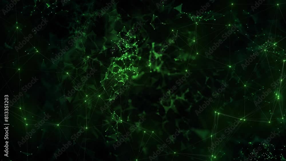 Poster digital technology abstract green dots and lines motion on black background.