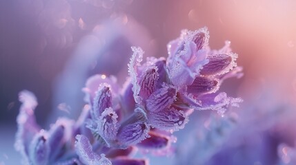 Lavender Amidst Frost: Macro perspective reveals delicate cracks in lavender blooms amidst icy...