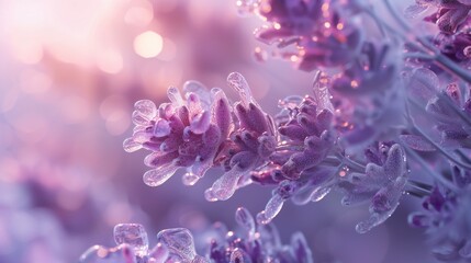 Lavender Amidst Frost: Macro perspective reveals delicate cracks in lavender blooms amidst icy frost.
