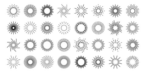 Set vintage sunburst. Bursting rays sunrise firework.