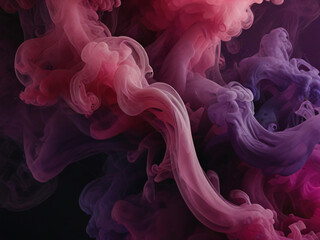 Fototapeta premium Pink and Purple Smoke. Wispy swirls of pink and purple smoke against a stark black background. The smoke appears to be illuminated from behind, casting a soft glow on the surrounding darkness.