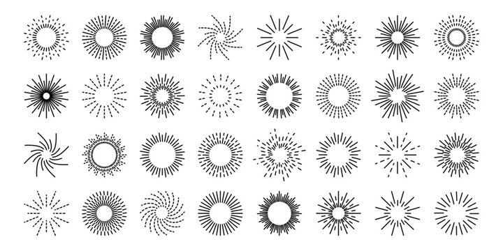 Set vintage sunburst. Bursting rays sunrise firework.