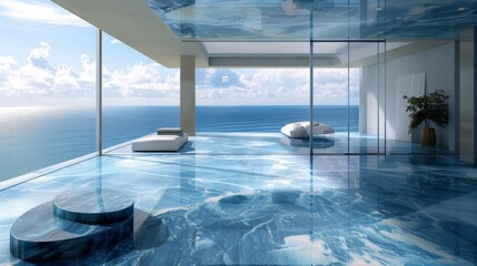 Modern residential, hotel, and homestay interior spaces:Blue Swimming Pool Ocean Landscape
