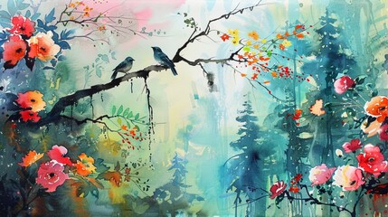 watercolor painting of a forest landscape with colorful flowers and birds sitting on a tree branch