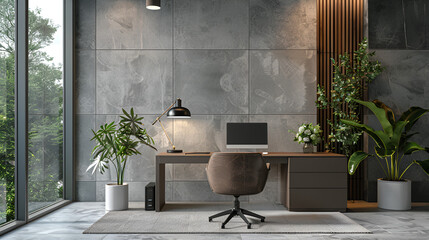 Stylish Office Interior with Workplace PC Computer, Modern Workspace Design, Professional Office Setup, Business Environment, Generative Ai

