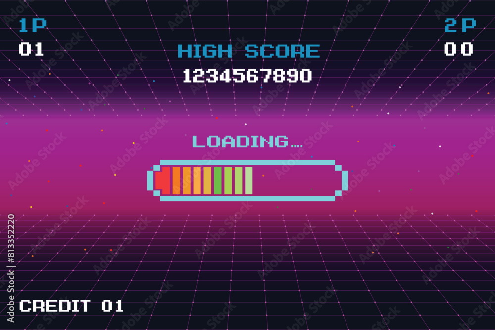 Poster loading .pixel art .8 bit game. retro game. for game assets in vector illustrations.