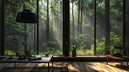 Modern residential, hotel, and homestay interior spaces:Forest landscape outside the window
