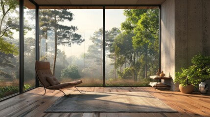 Modern residential, hotel, and homestay interior spaces:Forest landscape outside the window