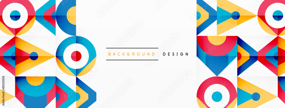 Poster a colorful geometric pattern with circles, triangles, and arrows in electric blue on a white backgro