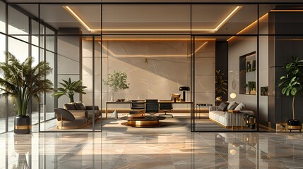 A sleek glass office interior adorned in black, white, and gold accents, with minimalist furnishings and geometric patterns creating a sophisticated ambiance