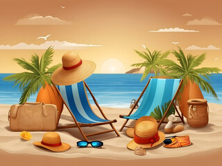 Obraz premium Summer season vector concept. Hello, summer greeting text with summer vacation travel elements of luggage, hat, mobile phone, beach bag, sunglasses, slippers, and sunscreen in beach background design.