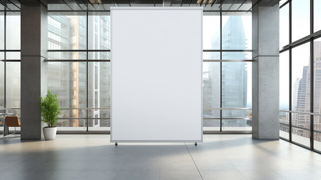 blank roll up banner stand in modern office interior.