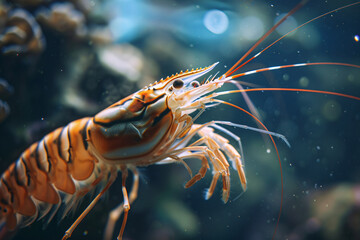 Underwater closeup of a shrimp with long tentacles in a seafood aquarium, surrounded by crustaceans