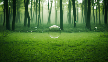 Transparent bubbles with green forest. the air over a lush green forest filled with lots of trees and greenery. 
