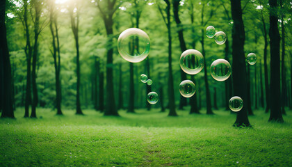 Transparent bubbles with green forest. the air over a lush green forest filled with lots of trees and greenery. 