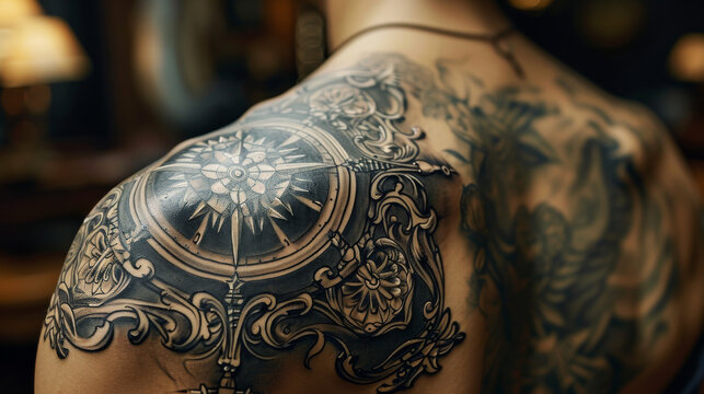 A compass tattoo on the back shoulder