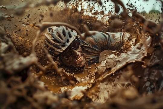 The cyclist fell into a mud puddle