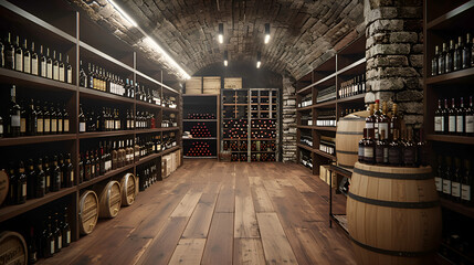 Wine Cellar Interior Design, AI Generated Wine Cellar with Wooden Barrels, Vintage Wine Collection, Wine Tasting Room, Generative Ai

