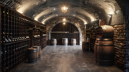 Wine Cellar Interior Design, AI Generated Wine Cellar with Wooden Barrels, Vintage Wine Collection, Wine Tasting Room, Generative Ai

