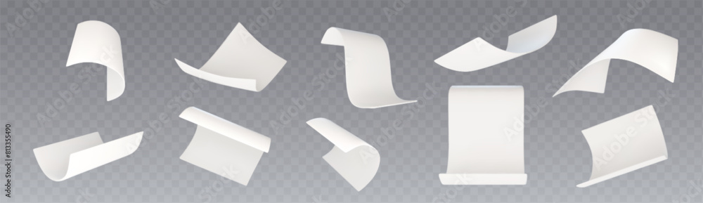Poster 3d white fly paper sheet. fall isolated document. blank falling realistic letter set mockup. curl of