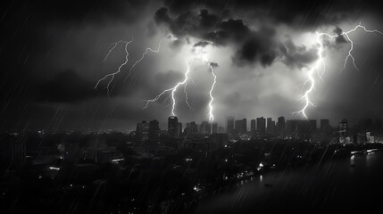 Lightning  Dramatic depiction of a cityscape during a lightning storm top view capturing the raw power of nature amidst urban structures with a digital binary as object tone in a b