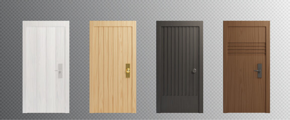 Closed wooden front doors of different colors - white and black, light and dark brown. Realistic 3d vector illustration set of entrance frame with wood texture. Home or office interior element.