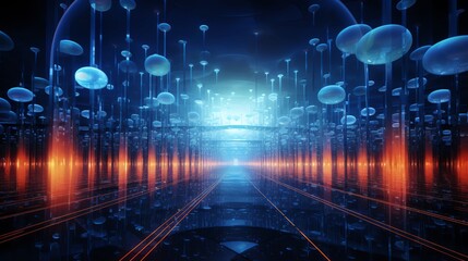 Fototapeta premium Quantum repeaters A network of quantum repeaters enhancing communication over long distances front view emphasizing the extension of quantum communication networks with a futurist