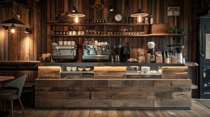 Interior design of cafe with wooden vintage style, decorated with warm and cozy tones, 
