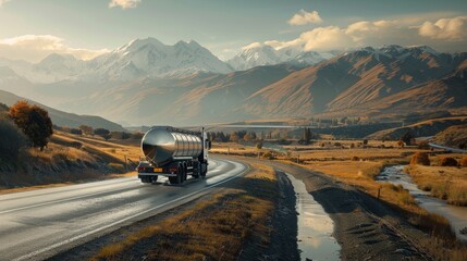 Silver tank truck on a picturesque road, transporting fuel through breathtaking landscapes, the bright lighting emphasizing the surroundings