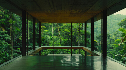 A minimalist cubic house with floor-to-ceiling windows that provide a panoramic view of the surrounding dense forest.