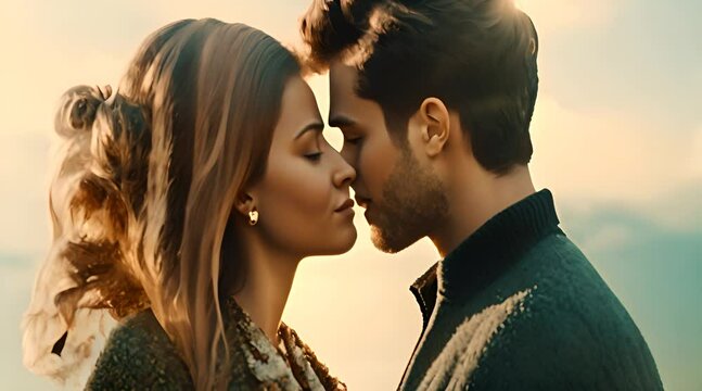 Double exposure portrait of a couple kissing, seamlessly blended with autumnal trees and falling leaves, evoking a sense of unity with nature and romantic nostalgia