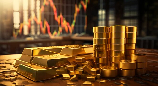 Stacks of gold bars and coins on a wooden table with a blurred stock market graph in the background, symbolizing wealth, investment, and the volatility of financial markets