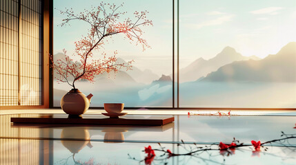 Tranquil Japanese Tea Setting with Sakura