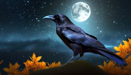 beautiful crow bellow the magic moonlight