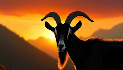 a sunset with a goat in the mountain