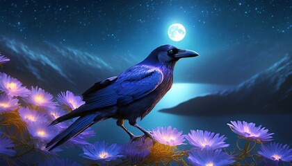 beautiful crow bellow the magic moonlight