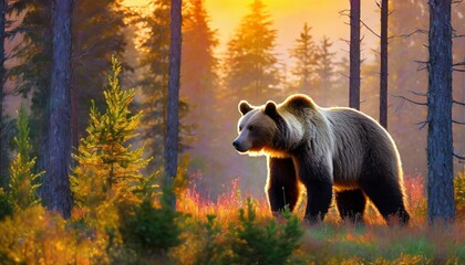 a bear in the middle of the forest with beautiful sunlight