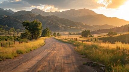 Rocky mountains rise behind a serene country road, bright sunlight illuminating the scene, highlighting the landscape's raw beauty
