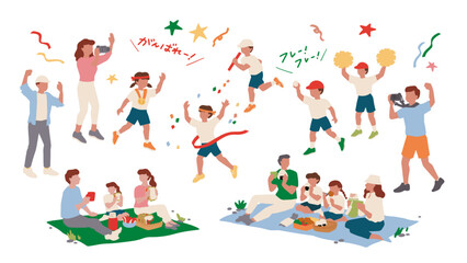 小学校の運動会、家族でお弁当を食べるイラスト、体操着を着た子どもの競技などの手描きイラスト素材セット