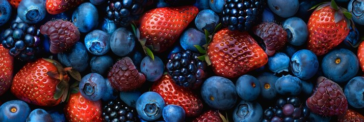 A vibrant display of blueberries and blackberries placed on top of strawberries and other berries, creating an attractive pattern that emphasizes the beauty in simplicity. 