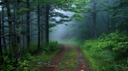 Fototapeta premium Foggy path in the middle of a lush green forest. The path is surrounded by tall trees and dense vegetation.