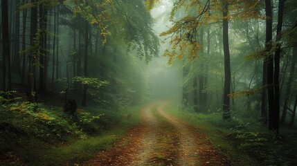 Obraz premium This is a beautiful picture of a foggy forest path. The path is surrounded by tall trees and a thick canopy of leaves.