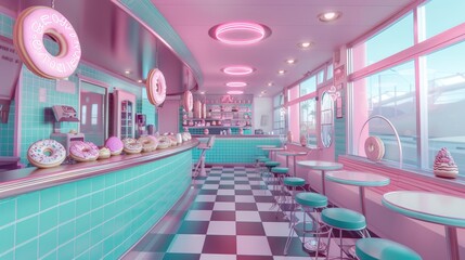 Retro diner with vintage pink and turquoise tiles, neon signs, glossy donuts arrayed artistically,...