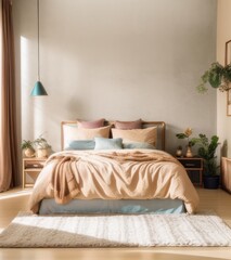 Modern Bedroom Interior With Beige Walls, Bed And Nightstand. Interior Mockup In A Light Brown Color