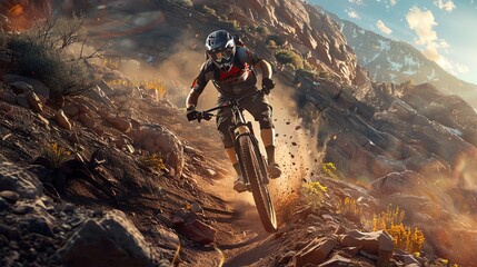 A mountain biker rides down a rocky trail. The rider is wearing a helmet and protective gear. The bike is in mid-air.