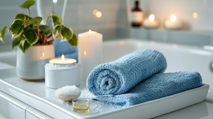 Relaxing rituals set up on a white ceramic tray: bath oil, salt soap, a blue rolled towel, and candlelight in a calm home bathroom